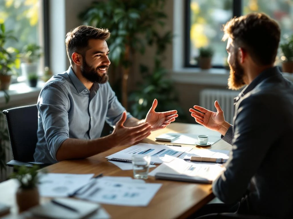 Professionele adviseur legt documenten uit aan cliënt aan houten bureau, warme sfeer met natuurlijk licht door raam