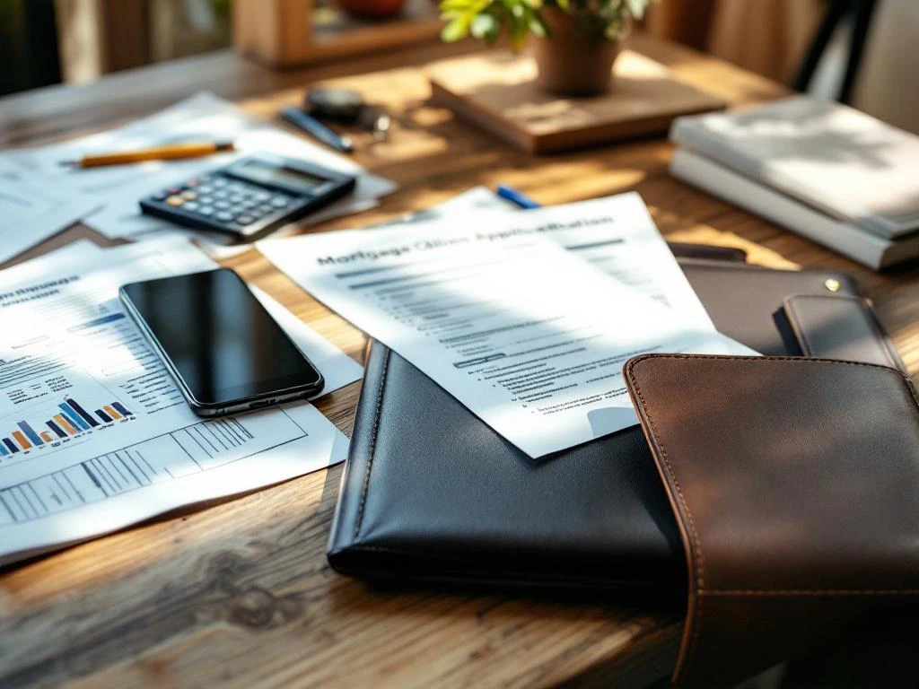 Georganiseerd houten bureau met financiële documenten, bankafschriften, rekenmachine en hypotheekaanvraagformulieren
