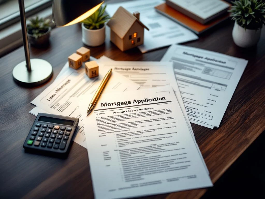 Hypotheekadviseur bureau van bovenaf met aanvraagformulieren, houten huisblokjes, rekenmachine en gouden pen op mahonie tafel