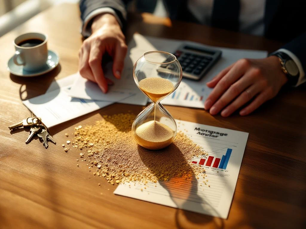 Zandloper met gouden zand op hypotheekadviseur bureau met documenten, huissleutels en calculator in warm zonlicht