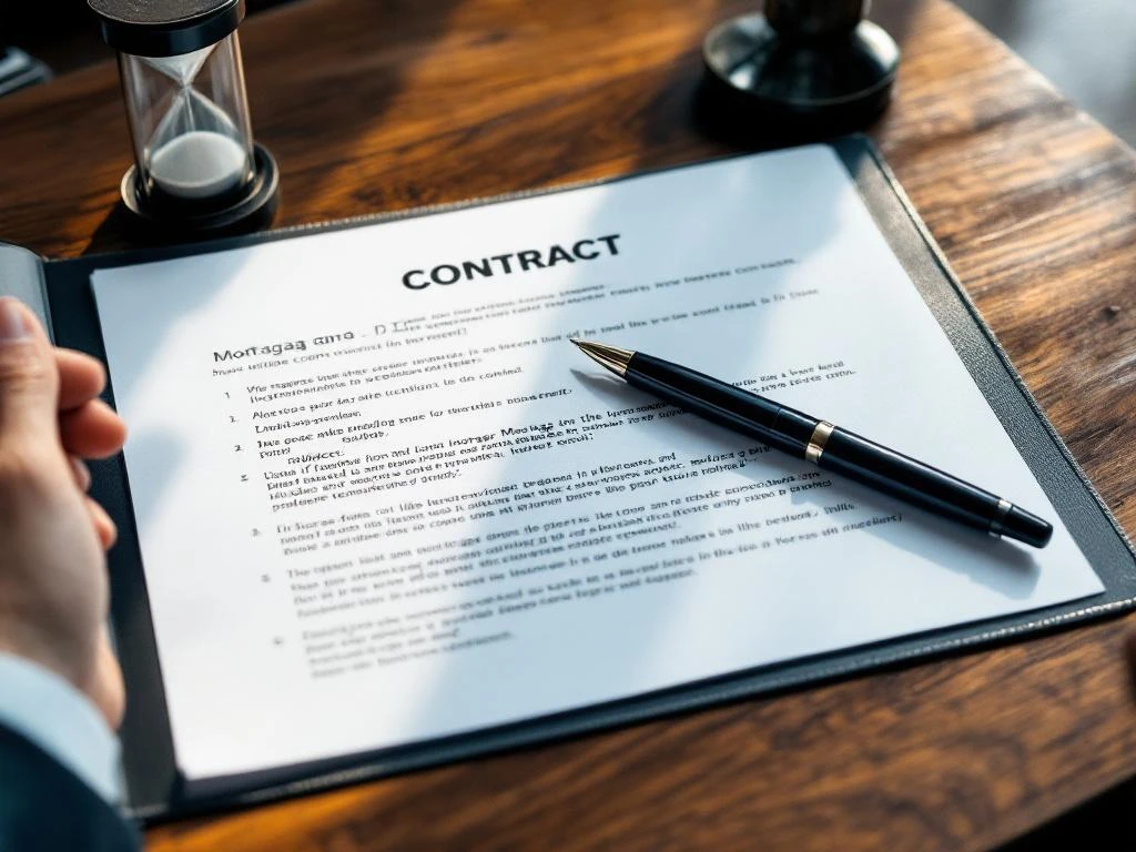 Hypotheekadviseur bureau met open contractmap, ondertekende documenten, pen en zandloper op mahonie tafel