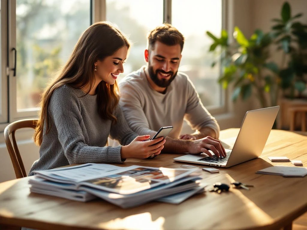 Jong professioneel stel aan houten tafel met smartphone, hypotheekcalculator, huiszoekbrochures en laptopscherm met woningen