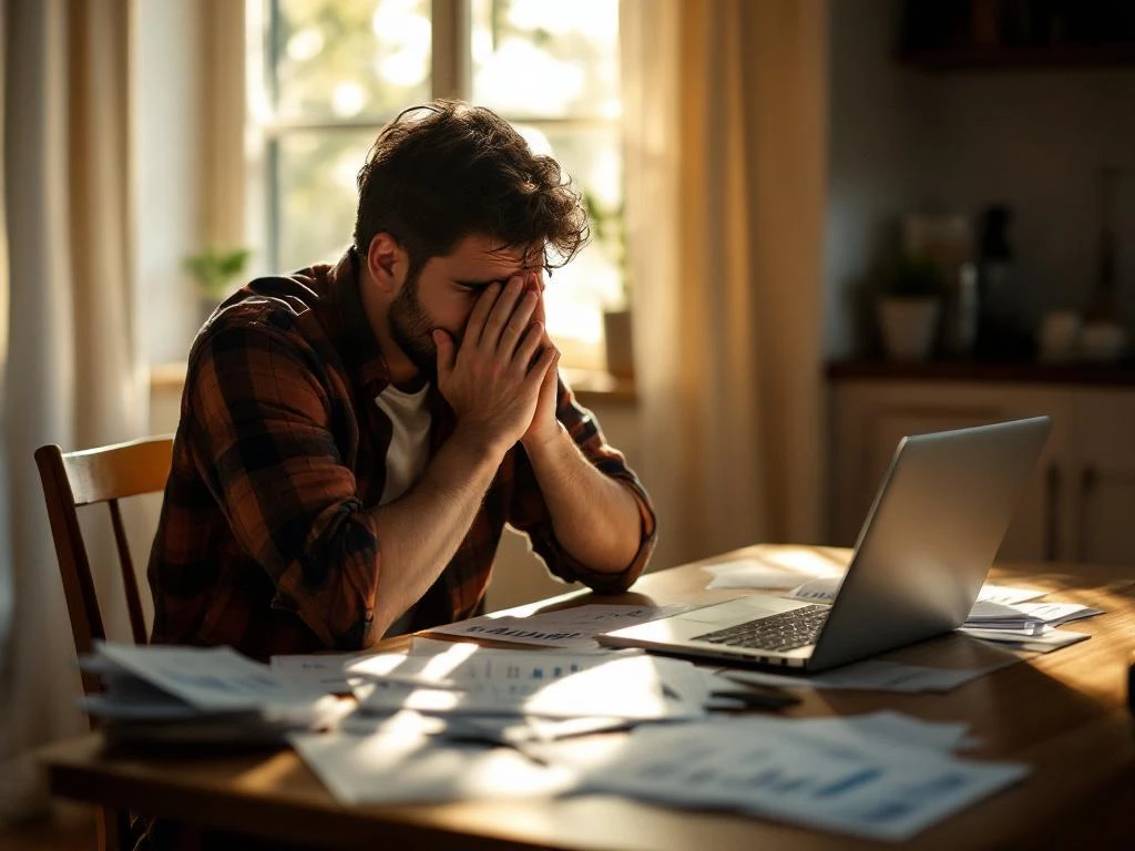 Gefrustreerde huiseigenaar met hoofd in handen tussen hypotheekdocumenten aan keukentafel, laptop met grafieken op achtergrond