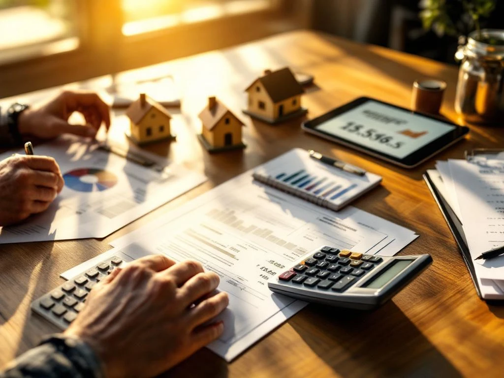 Hypotheekadviseur bereikt calculator op bureau met financiële documenten, tablet met rentetarieven in gouden zonlicht