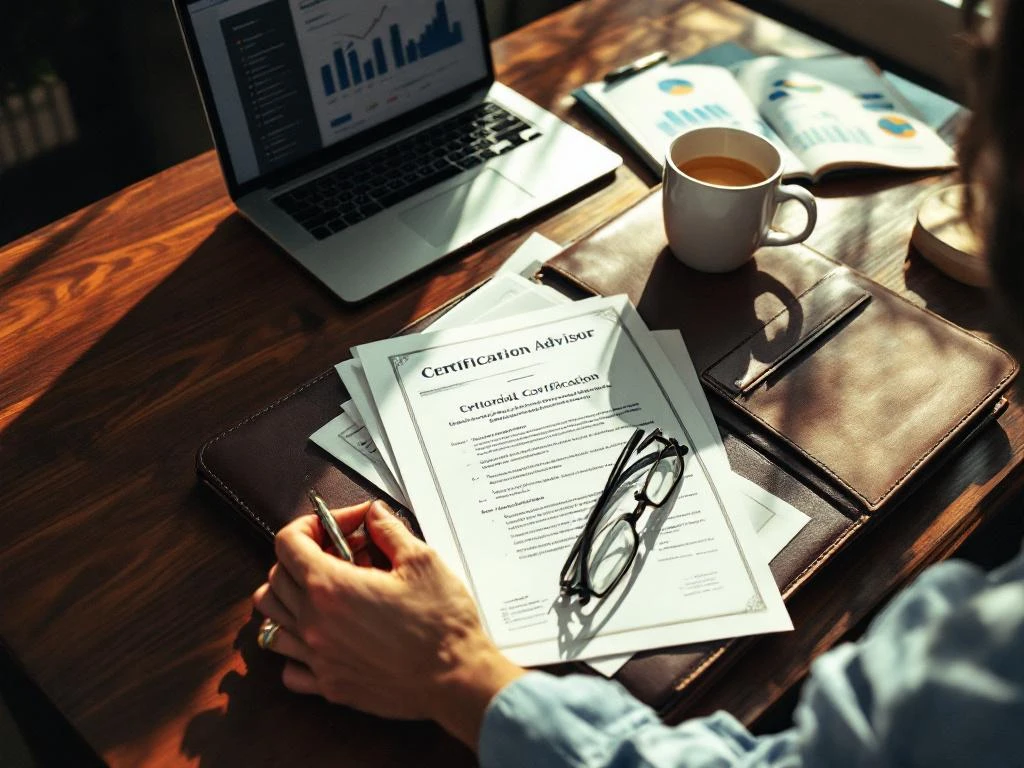 Hypotheekadviseur bureau van bovenaf met open portfolio, certificaten, laptop met grafieken, leesbril en koffiekop