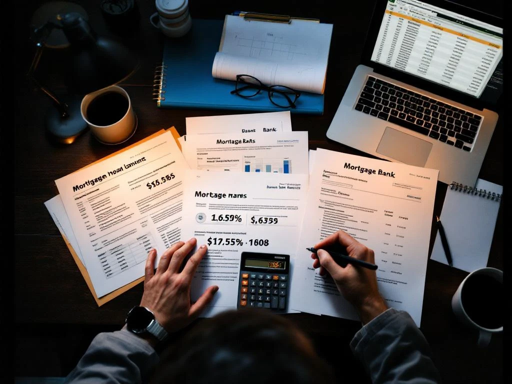 Hypotheekadviseur bureau van bovenaf met bankbrochures, leningdocumenten, calculator en laptop met rentetarieven