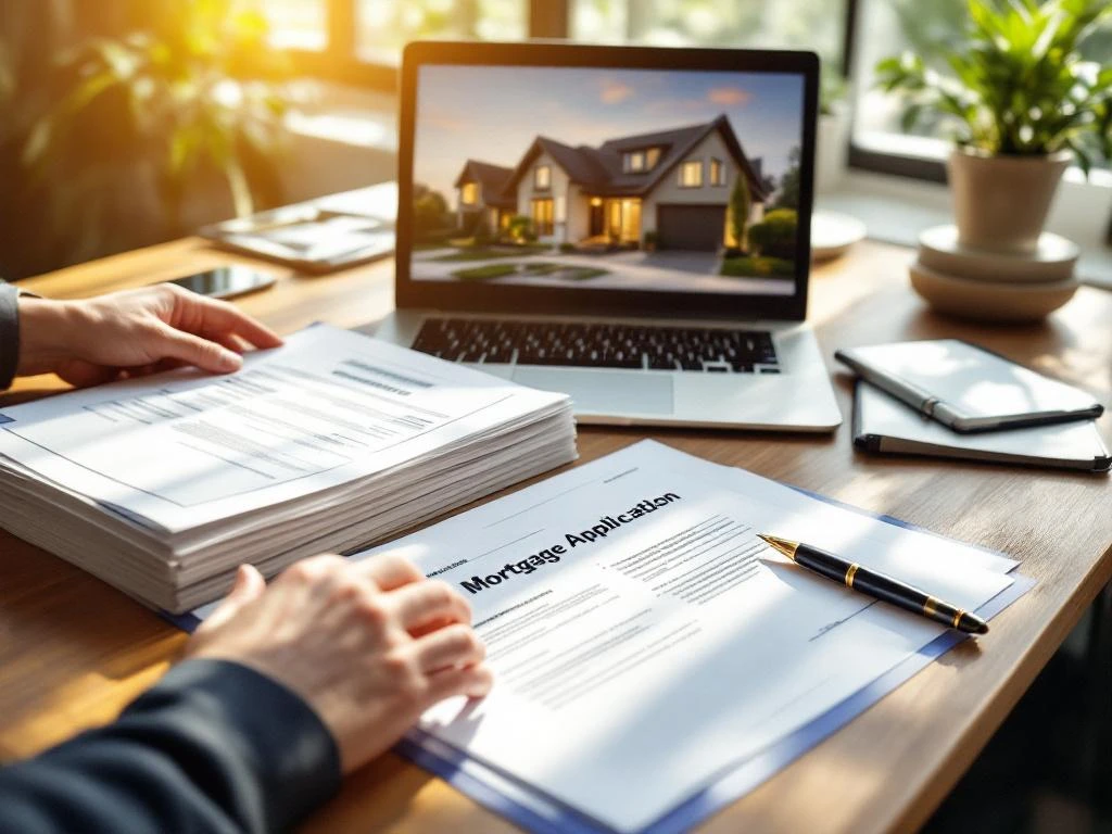 Hypotheekadviseur ondertekent hypotheekaanvraag aan bureau met laptop, documenten en pen in natuurlijk licht