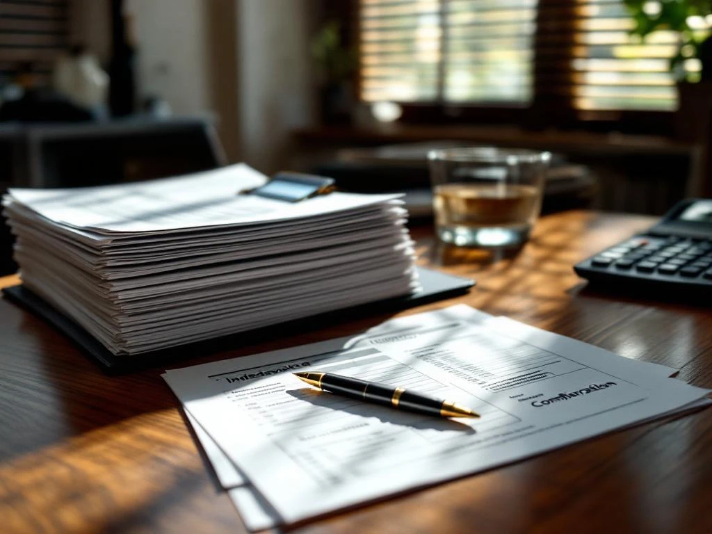 Hypotheekadviseur bureau met gebonden bankdocumenten en losse vergelijkingsbladen, calculator en pen, warme kantoorverlichting
