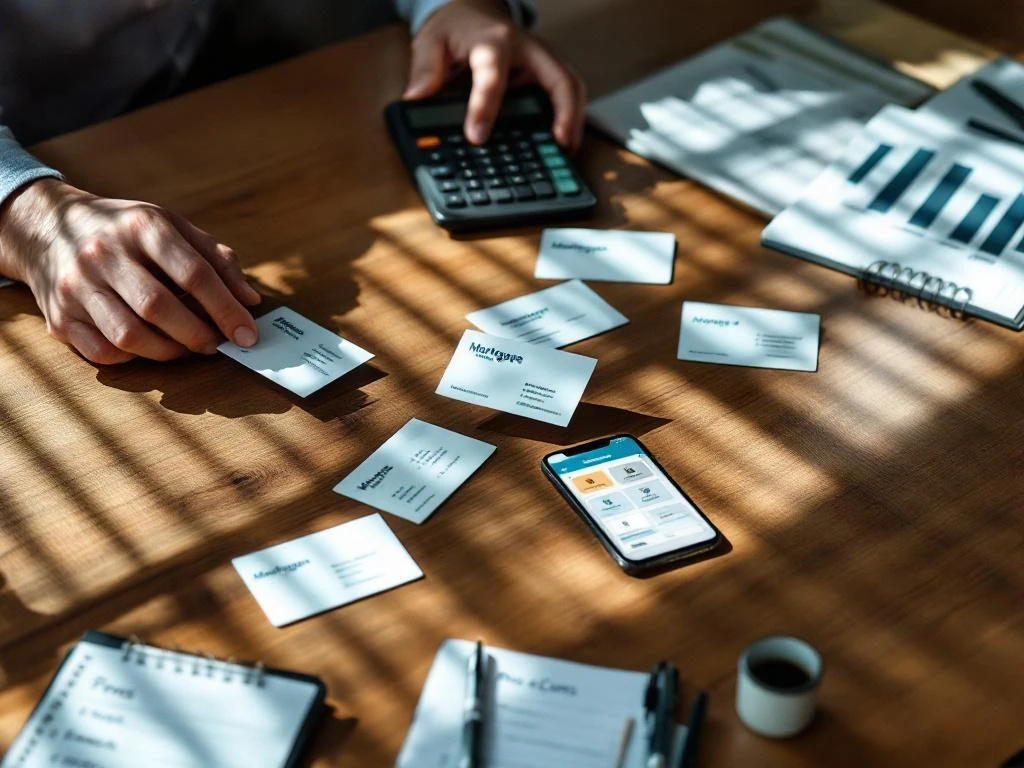 Hypotheekadviseur vergelijkt visitekaartjes van verschillende adviesbureaus op bureau met calculator en notities