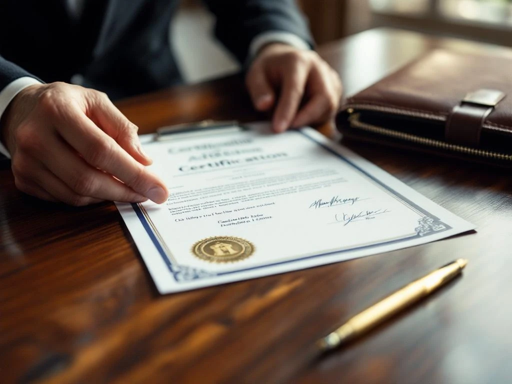 Hypotheekadviseur bekijkt officieel certificaat met stempels op mahoniehout bureau met leren portfolio en gouden pen
