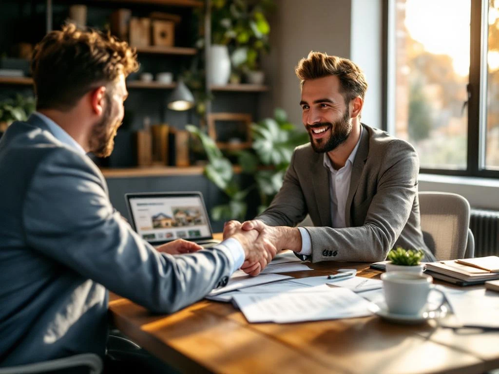 Hypotheekadviseur bespreekt documenten met cliënt aan houten bureau met laptop, papieren en koffiepotten in kantoor