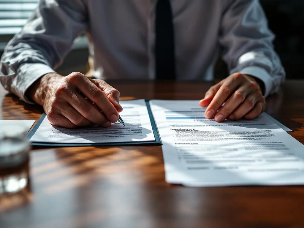 Hypotheekadviseur bekijkt woningleningstukken en verzekeringsdossier aan houten bureau met huismodel