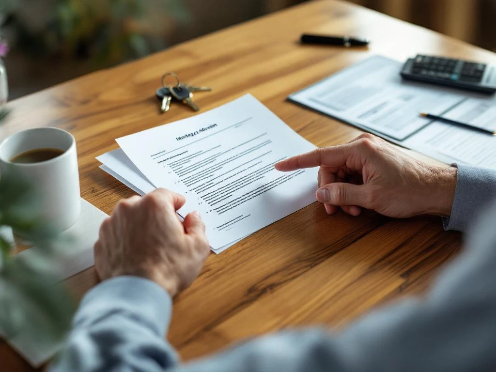 Hypotheekadviseur bekijkt huisleningdocument met calculator en huissleutels op bureau