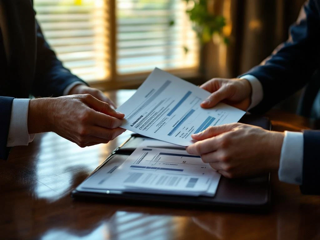 Hypotheekadviseur en klant wisselen financiële documenten uit over mahonie bureau in warm verlicht kantoor