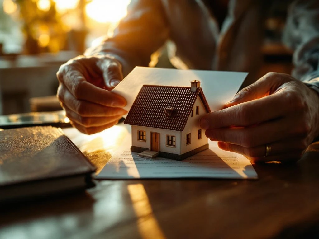 Hypotheekadviseur beschermt miniatuur huis model met map op houten bureau, service overeenkomst boekje open naast hem