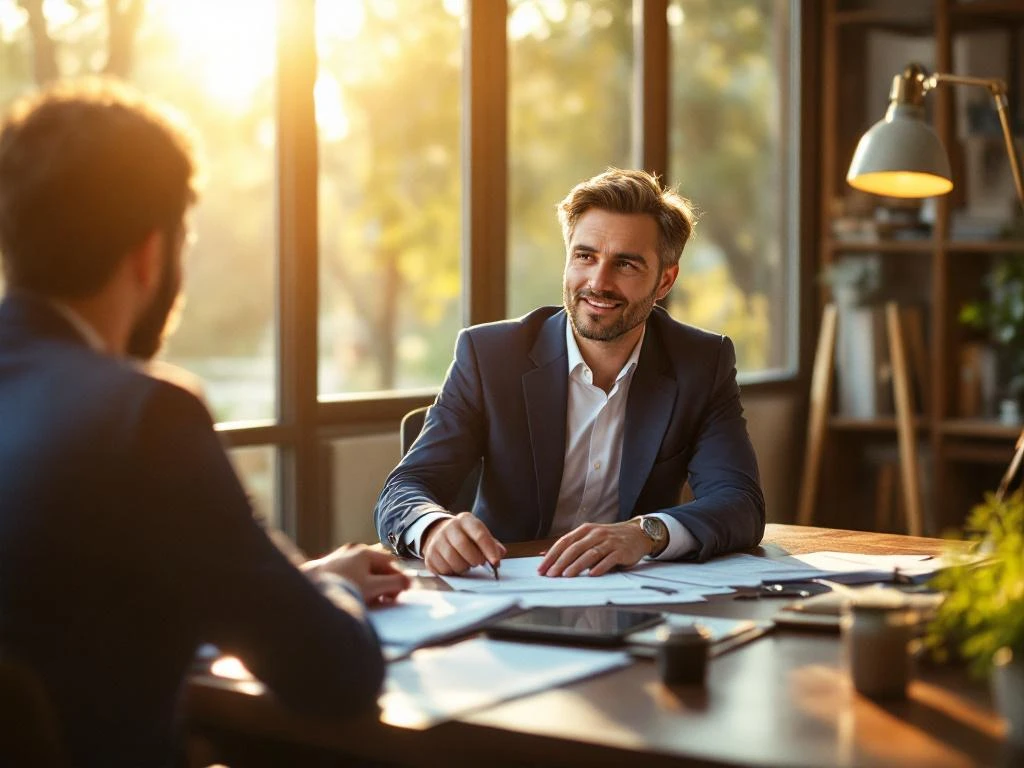 Financieel adviseur legt hypotheekhervormingsopties uit aan huiseigenaar aan houten bureau met sleutels en documenten