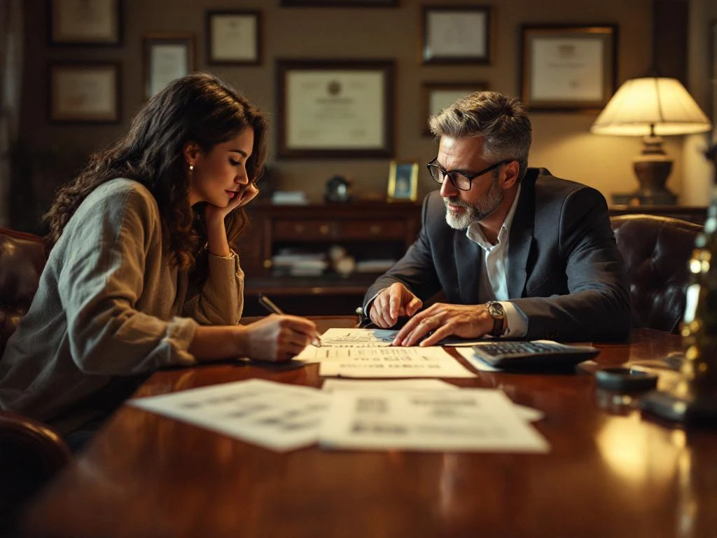 Hypotheekadviseur toont maandelijkse betalingsberekeningen aan jong stel aan bureau met calculator en financiële documenten