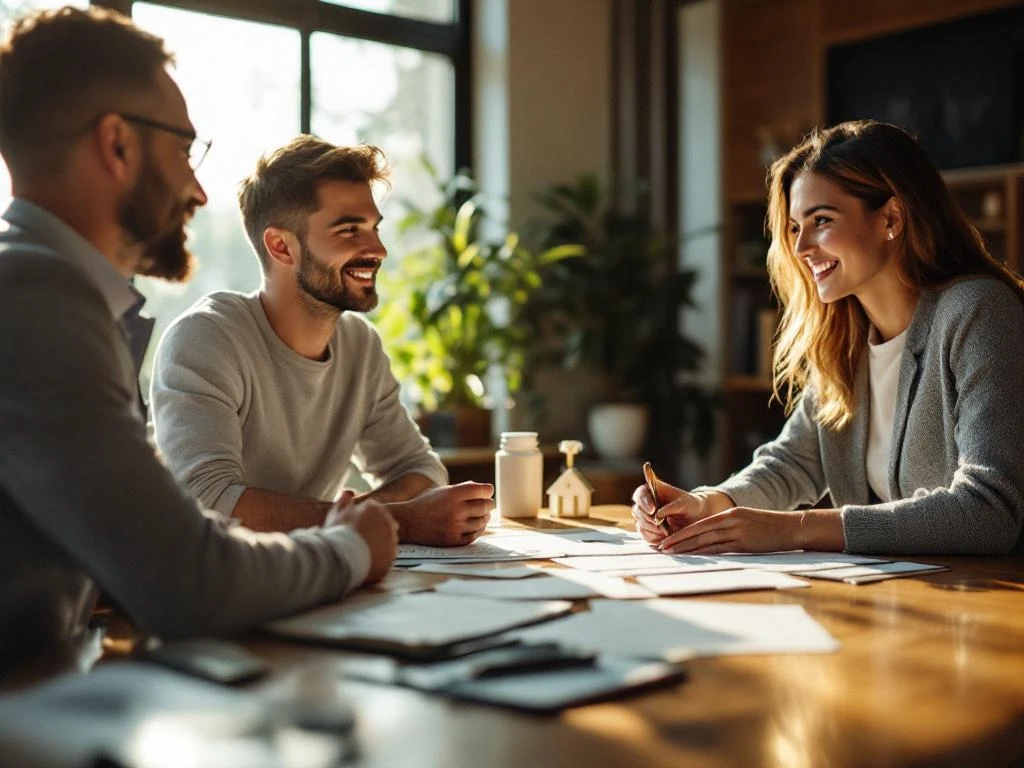 Hypotheekadviseur bespreekt documenten met jong stel aan bureau met huissleutel, warme kantooromgeving