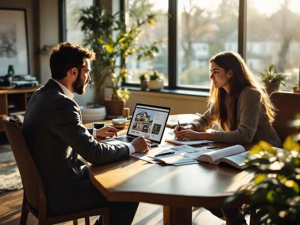 Hypotheekadviseur bespreekt woningaanbod op laptop met jong stel aan bureau met huizenbrochures en plattegronden