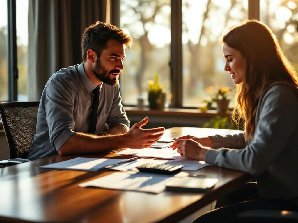 Hypotheekadviseur legt documenten uit aan jong stel aan houten bureau in kantoor met natuurlijk licht