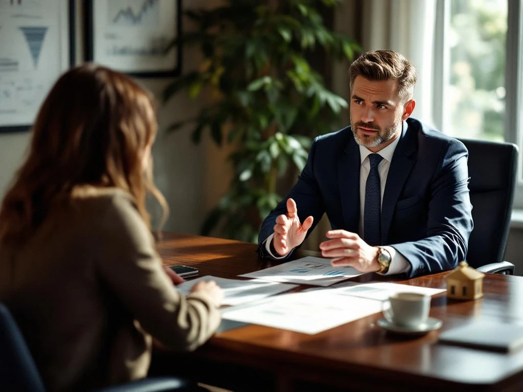 Hypotheekadviseur in pak bespreekt documenten met bezorgde huizenkoper aan houten bureau in warm verlicht kantoor