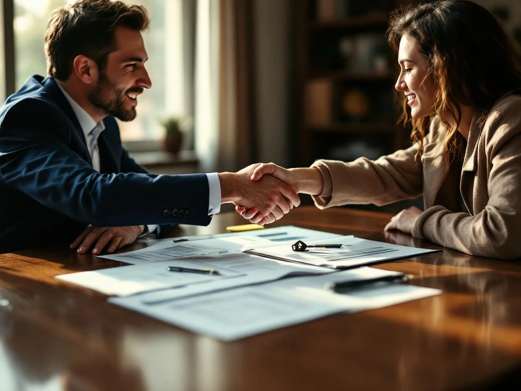 Hypotheekadviseur in gesprek met jong stel aan bureau met hypotheekdocumenten en huissleutel tijdens professionele consultatie