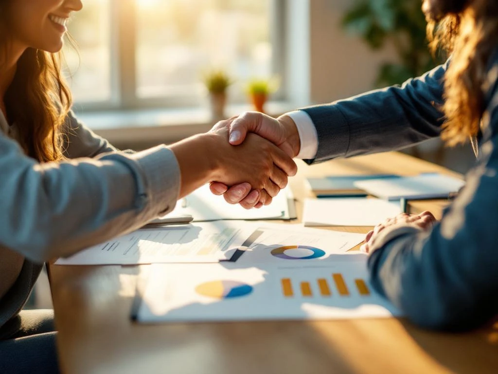 Hypotheekadviseur schudt handen met jong stel over bureau met hypotheekdocumenten en vergelijkingsgrafieken