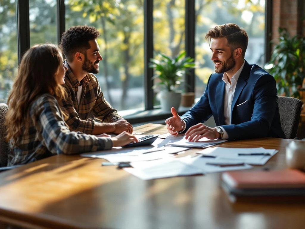 Hypotheekadviseur bespreekt documenten met jong stel aan bureau in kantoor met natuurlijk licht