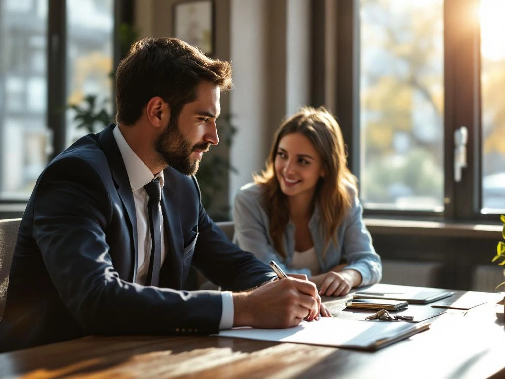 Hypotheekadviseur in pak bespreekt documenten met jong stel aan bureau, huissleutels zichtbaar, kantooromgeving