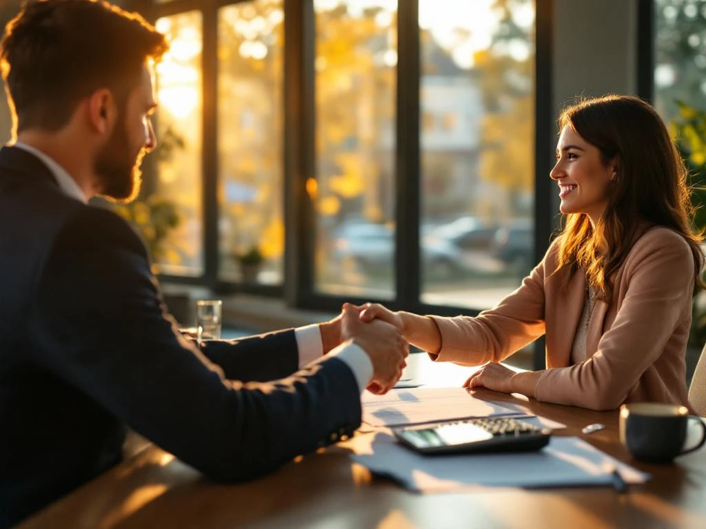 Hypotheekadviseur schudt handen met jong stel aan bureau met documenten en calculator in kantoor met natuurlijk licht