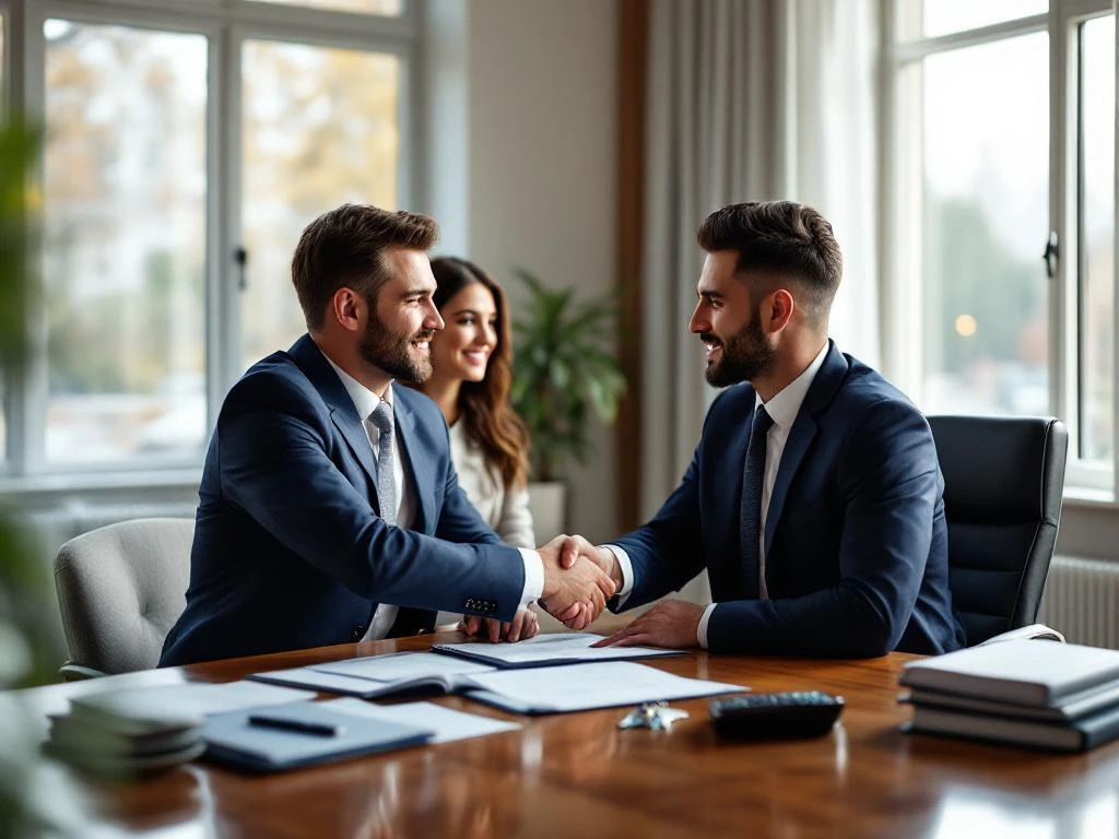 Hypotheekadviseur schudt handen met jong stel aan bureau met documenten, rekenmachine en huissleutels