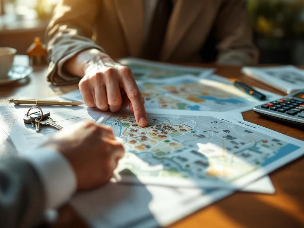 Hypotheekadviseur wijst naar vastgoedlijsten op bureau met kaarten, rekenmachine en huissleutels in kantoor