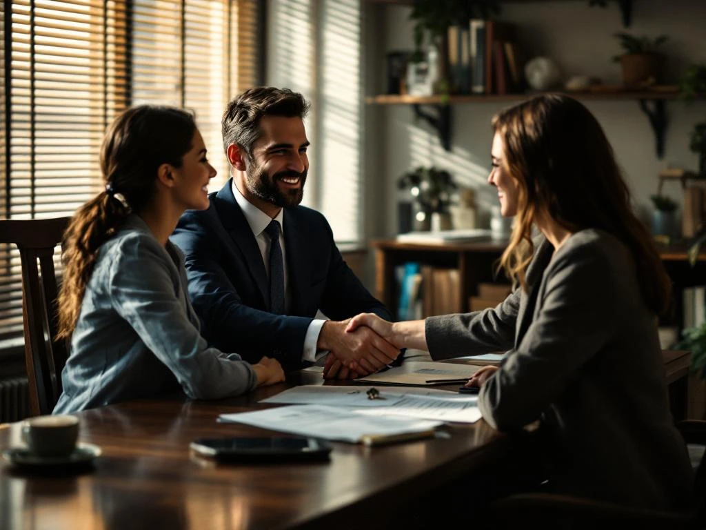 Hypotheekadviseur schudt handen met jong stel tijdens zakelijke bespreking met documenten en huissleutel op bureau