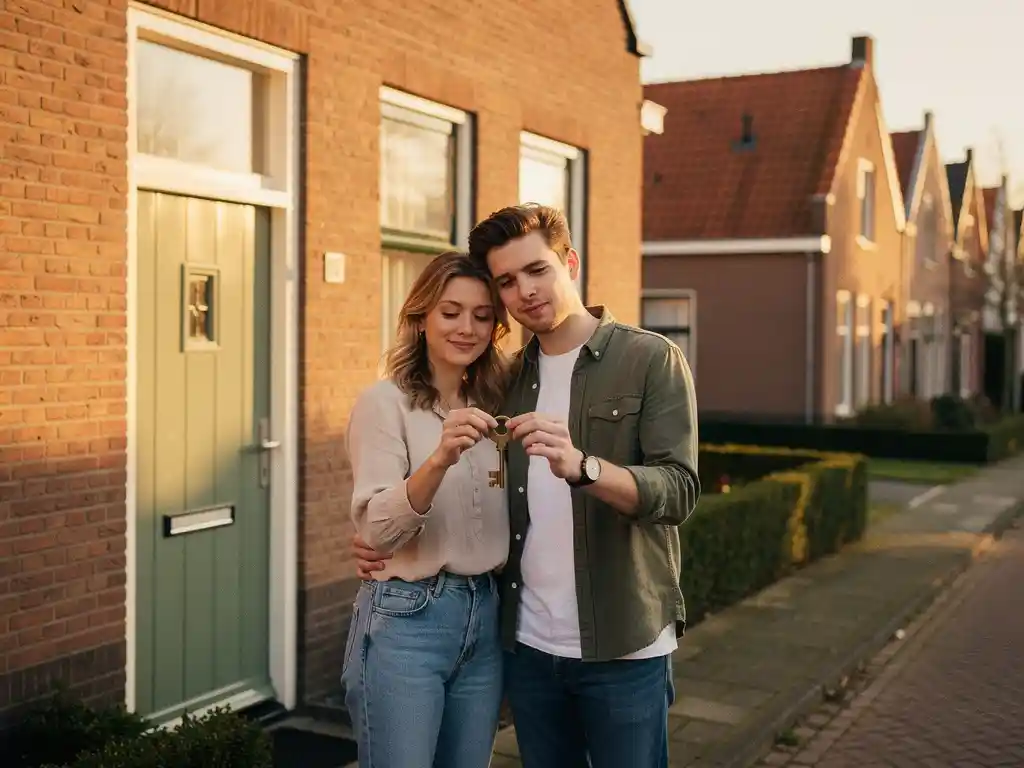 Jong stel houdt bronzen sleutel vast bij voordeur van Hollandse rijtjeswoning in Waddinxveen, gouden middaglicht.