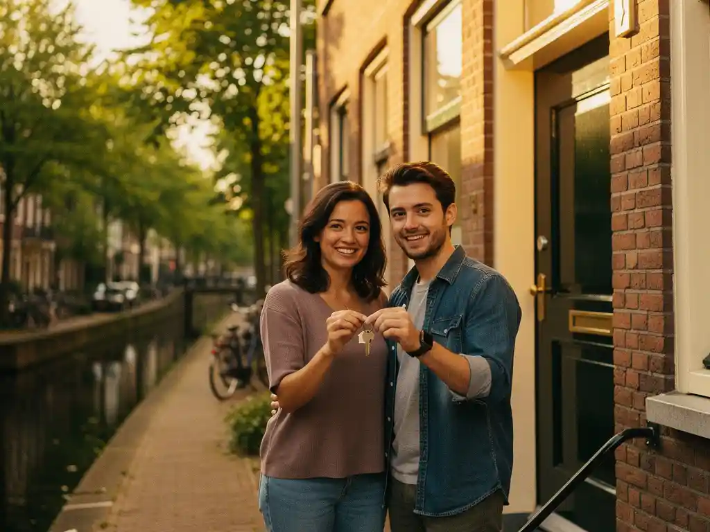 Jong stel houdt huissleutels vast bij de voordeur van een bakstenen grachtenpand in Amsterdam, gouden middaglicht.