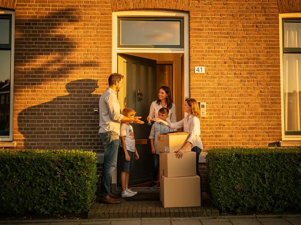 Familie ontvangt sleutels bij de voordeur van een Nederlandse bakstenen stadswoning, verhuisdozen op de stoep in warm middaglicht.