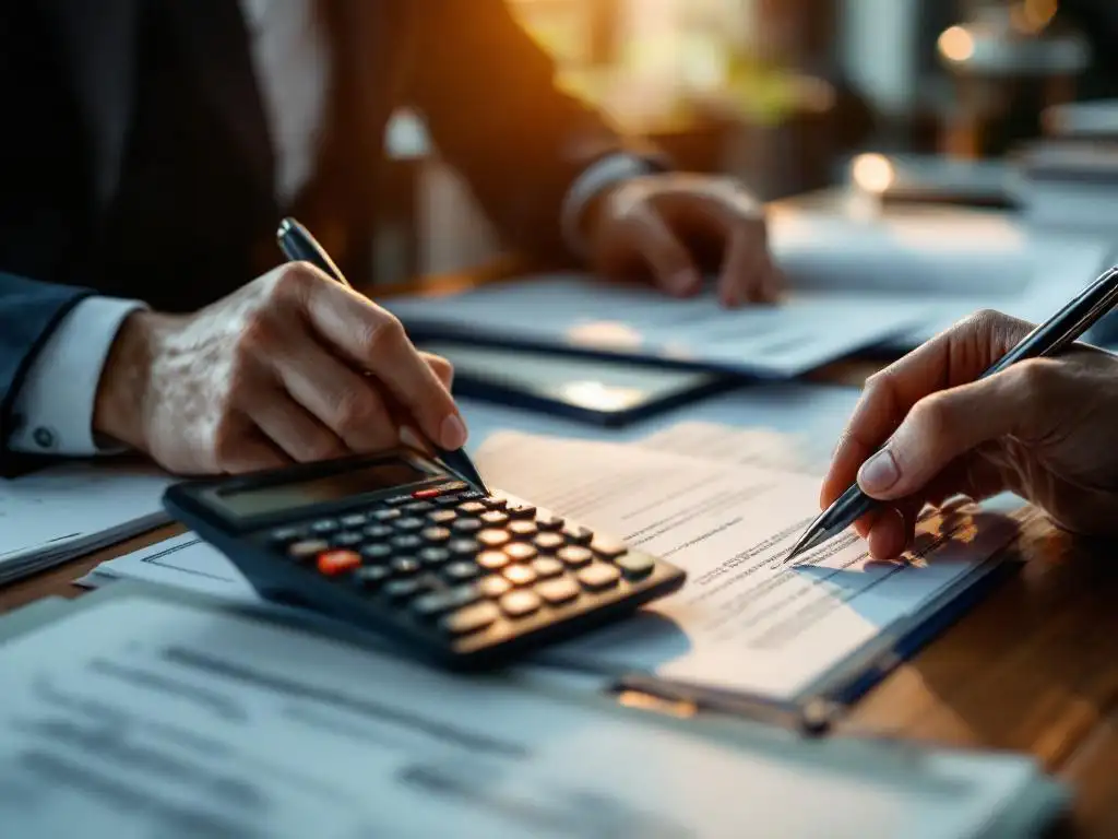 Hypotheekadviseur berekent hypotheek met calculator terwijl hij Nederlandse huisdocumenten en contracten bekijkt op kantoorbureau