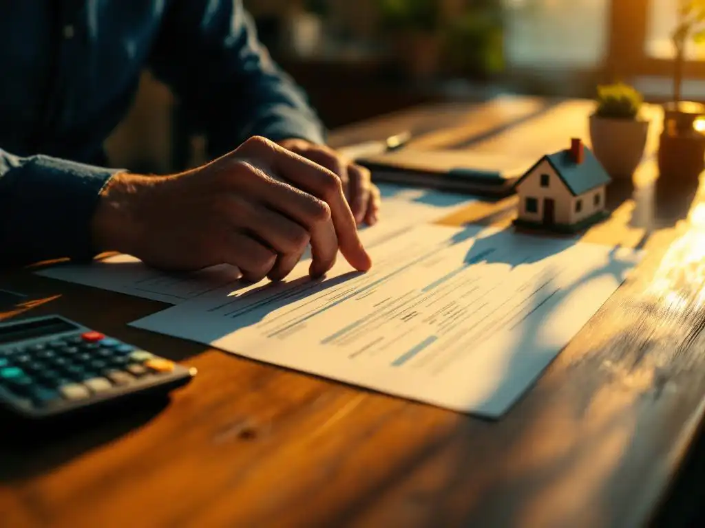 Hypotheekadviseur bekijkt financieringsdocumenten op houten bureau met huismodel en rekenmachine in warm kantoorlicht