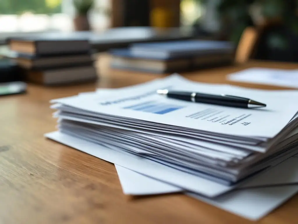Stapel hypotheekdocumenten met bankafschriften en arbeidscontracten op eiken bureau met zwarte pen, zachte natuurlijke belichting