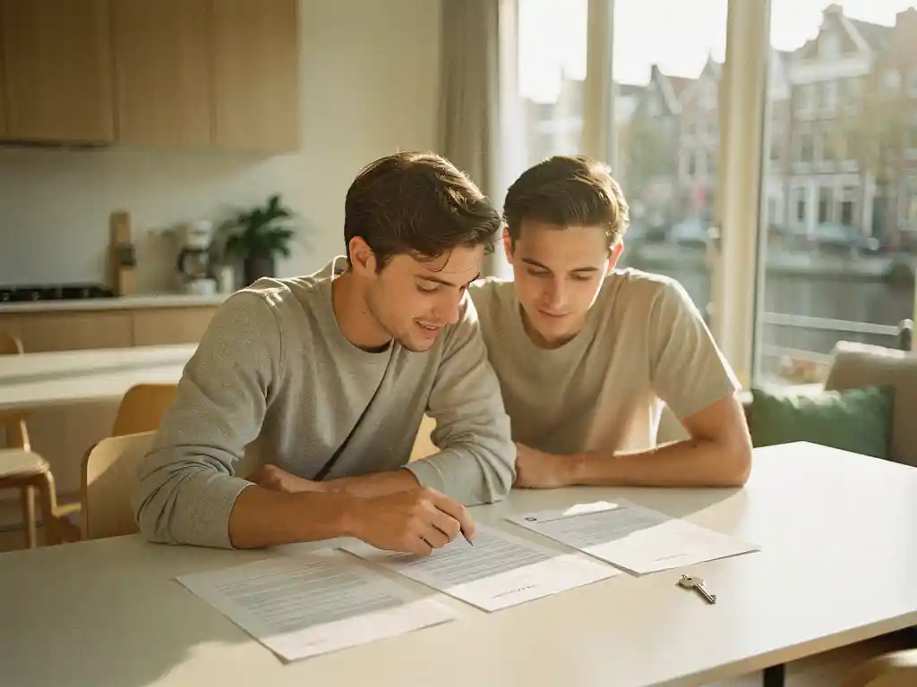 Jong stel bekijkt hypotheekdocumenten aan keukentafel in modern Nederlands huis, met sleutel en warm middaglicht.