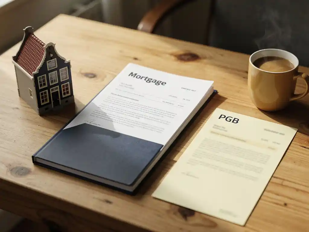 Nette thuiswerkplek met hypotheekmappen, miniatuurhuisje, PGB-brief en kop koffie in warm natuurlijk licht.