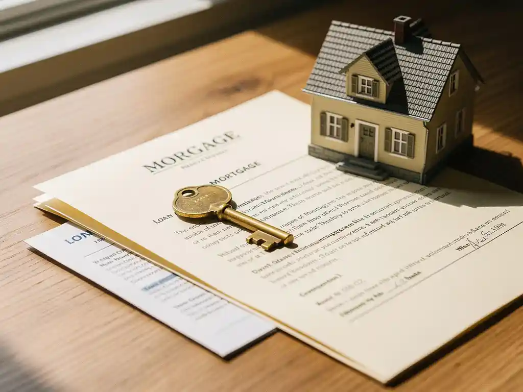 Messing sleuteltje op gevouwen hypotheekdocument naast miniatuur woonhuis, met tweede leenovereenkomst op eikenhouten bureau.