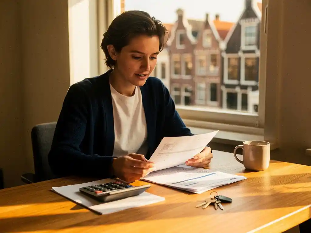 Zelfstandige professional bekijkt hypotheekdocumenten aan eikenhouten bureau met huissleutels, koffiemok en Nederlands stadsbeeld op de achtergrond.