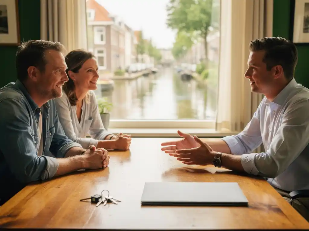 Stel bespreekt hypotheekopties met adviseur aan houten bureau in licht Boskoops kantoor met zicht op gracht.