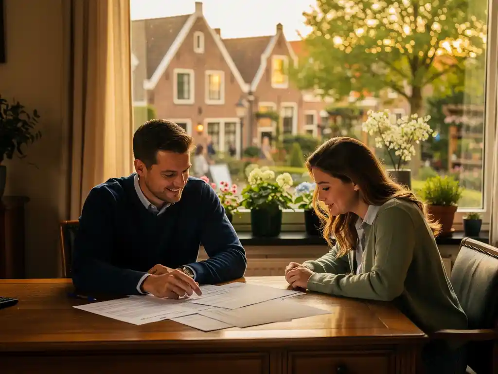 Jong stel bespreekt hypotheekdocumenten met adviseur aan houten bureau, Nederlands stadsgezicht en groen Boskoop-landschap op achtergrond.