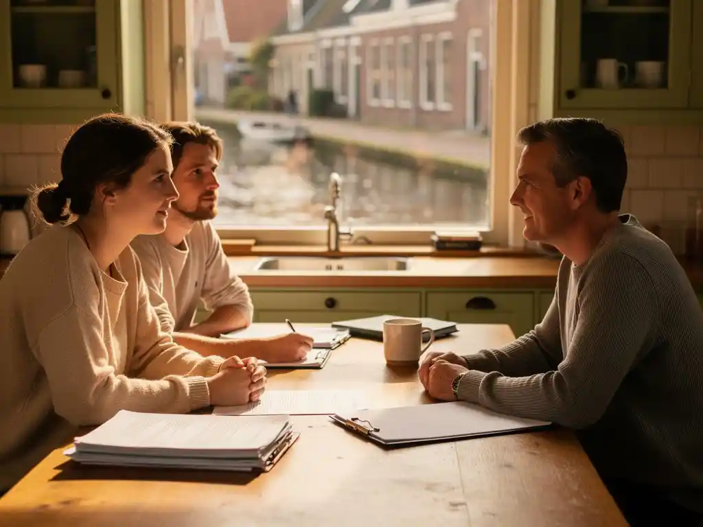 Jong stel bespreekt documenten met adviseur aan houten keukentafel, Boskoop-gracht zichtbaar door het raam.