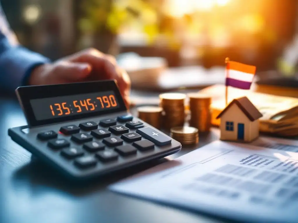 Hypotheekadviseur bureau met rekenmachine, Nederlandse guldens en euro's naast hypotheekdocumenten en miniatuur huis model