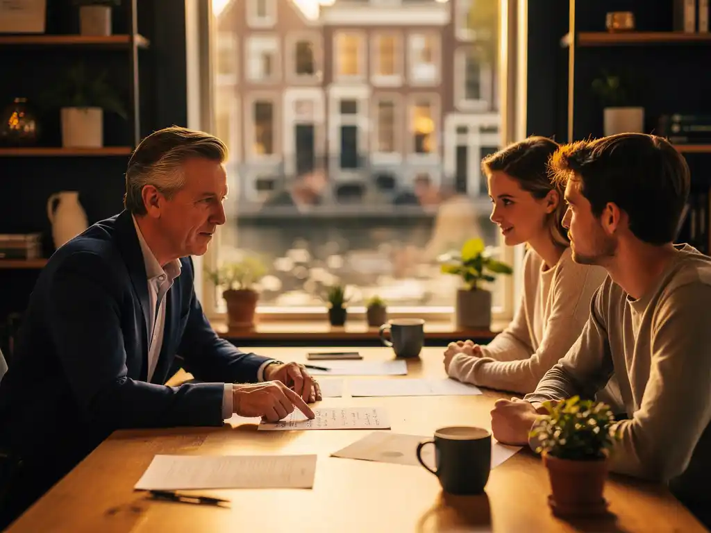 Hypotheekadviseur bespreekt documenten met jong stel aan houten bureau in Nederlands kantoor met grachtzicht.