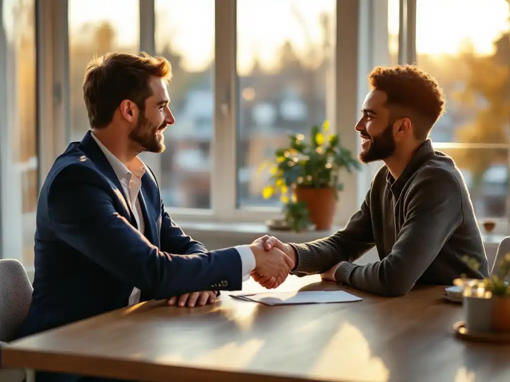 Hypotheekadviseur in marineblauw pak geeft handdruk aan jong stel aan houten bureau in modern kantoor, Boskoop stadsgezicht buiten