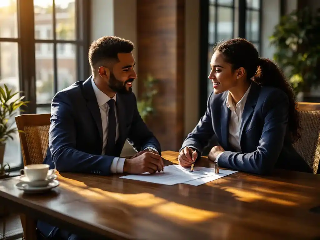 Hypotheekadviseur in marineblauw pak bespreekt documenten met jong stel aan houten bureau met huissleutels